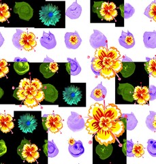 Cute seamless pattern with bright watercolor hand drawn nasturtium and aster. Floral texture. Can be used for design fabric, wrapping paper, covers, backgrounds.