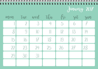 Desk calendar horizontal template 2017 for month January. Week starts Monday