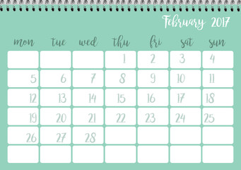 Desk calendar horizontal template 2017 for month February. Week starts Monday