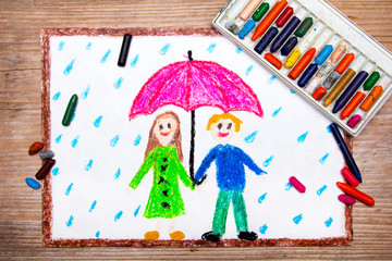 Obraz na płótnie Canvas Colorful drawing - happy couple under pink umbrella, rainy weather