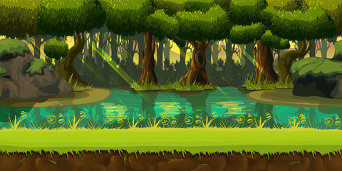 Seamless spring forest landscape, never ending vector nature background with separated layers for game design
