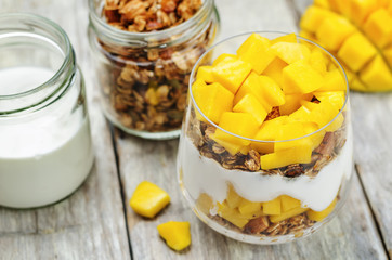 Greek yogurt granola mango parfait