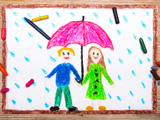 Obraz na płótnie Canvas Colorful drawing - happy couple under pink umbrella, rainy weather