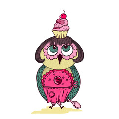 Cute cartoon colored owl with cake on the head. Young lady chef style.