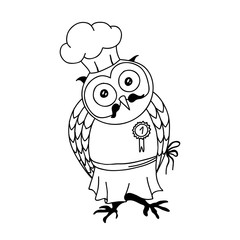 Cute doodle owl with cake on the head. Young lady cartoon chef style.