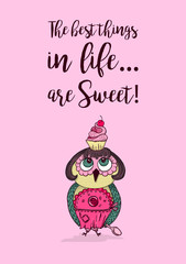 Cute colored doodle owl with cake on the head. Poster with young lady cartoon chef style. The best things in life are sweet typography.