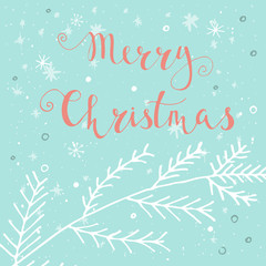 Merry Christmas text  on a winter background with snow and snowflakes. Greeting card template, poster with quote. T-shirt design, card design or home decor element. Vector.