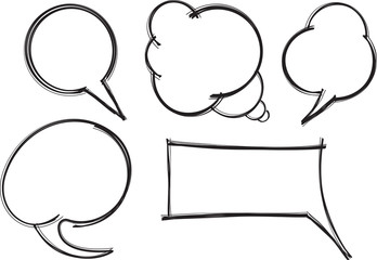 Set of five doodle, hand drawn speech bubbles.