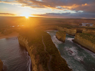 Aerial view of Loch Ard Gorge at sunrise