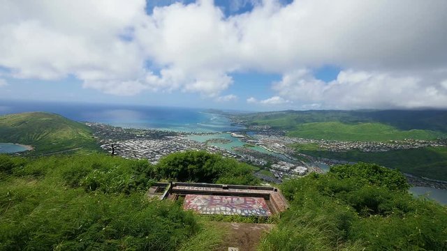 A wide angle view overlooking Hawaii Kai in Oahu from the top of Koko Head Trail.