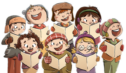 niños cantando en coro en navidad - obrazy, fototapety, plakaty
