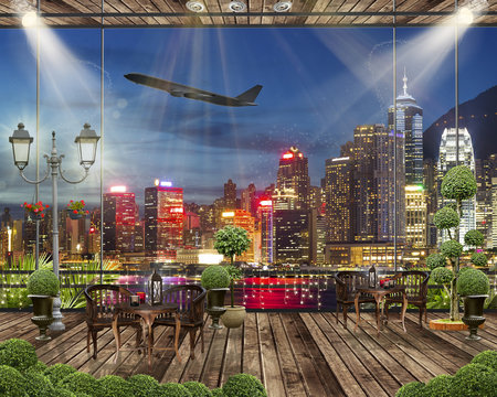 Wood terrace with romantic lights, Night city view