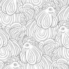 Seamless pattern of hand-painted roosters.The symbol of the Chinese new 2017.Coloring book for adult, antistress coloring pages.Zodiac Animals.  - 122562439