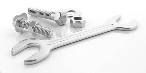 Spanner, nuts and bolts. 3d illustration