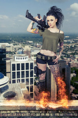 Tattooed Woman with Assault Rifle