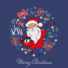 Vintage Merry Christmas And Happy New Year card template with Santa Claus, snowflakes, poinsettia flowers. Winter holidays elements set