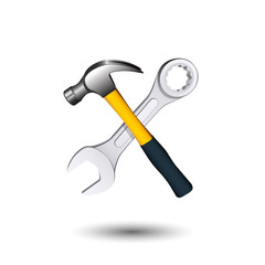 Crossed hammer and wrench. Isolated on white. Vector illustratio