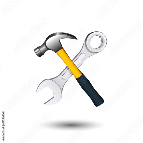 "Crossed hammer and wrench. Isolated on white. Vector illustratio