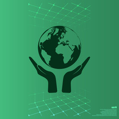 Flat paper cut style icon of two hands holding Earth