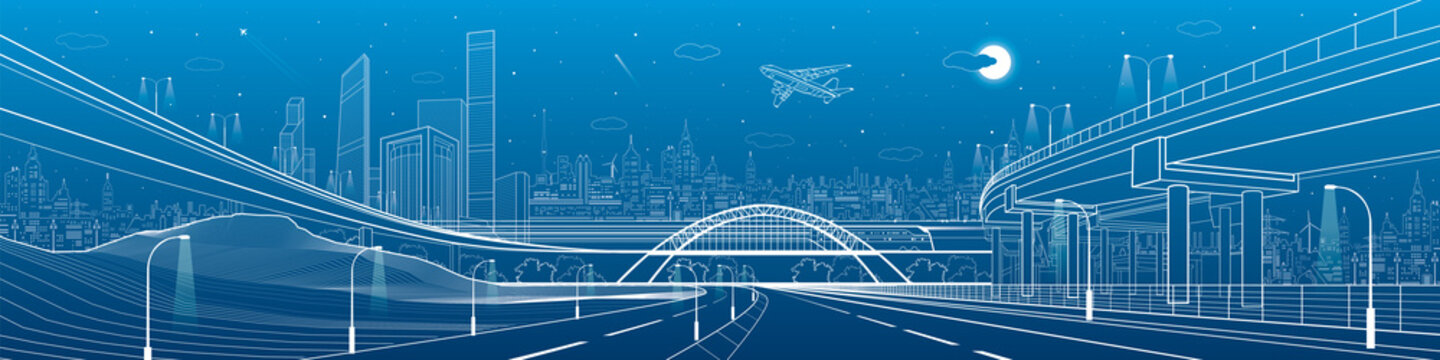 Automotive flyover, infrastructure and transportation panorama, plane flies, train move on the bridge, business center, night city, towers and skyscrapers, urban scene, vector design art