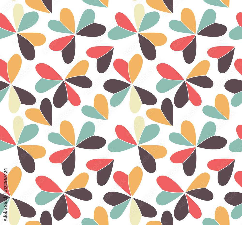 Poster vector seamless pattern with hearts placed in clover shapes. flat shamrock imagined colors backgroun