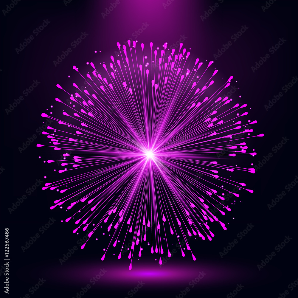 Poster abstract geometric shape. neon glowing particles in the form of an explosion of fireworks. vector fu