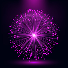 Abstract geometric shape. Neon glowing particles in the form of an explosion of fireworks. Vector futuristic background. Digital technology.