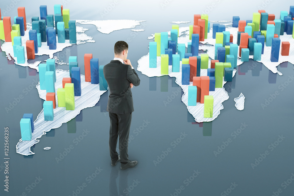 Poster man looking at abstract business map