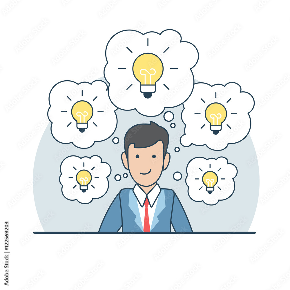 Poster linear flat business man plenty idea chat bubble lamp vector.