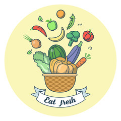 Linear Flat Basket with fruits vegetables vector illustration.
