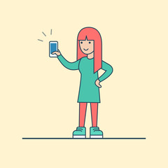 Linear Flat woman stand call phone hand vector illustration