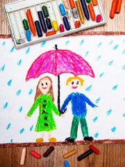 Colorful drawing - happy couple under pink umbrella, rainy weather