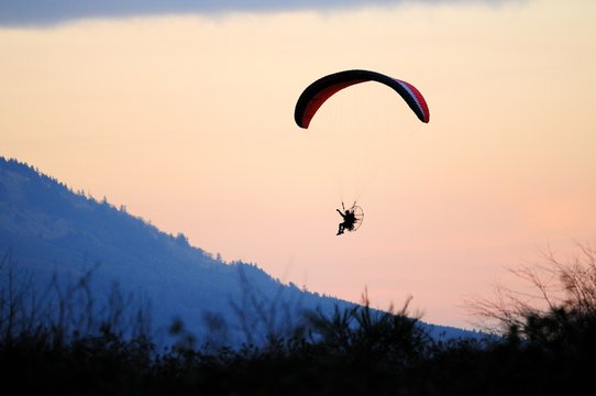 A powered paraglider near Cowichan Bay, BC.