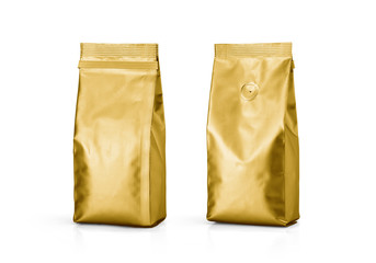 Gold Foil plastic paper bag front and back view isolated on white background. Packaging template mockup collection. With clipping Path included. Aluminium coffee package.