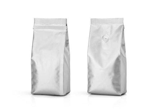 Foil Plastic Paper Bag Front And Back View Isolated On White Background. Packaging Template Mockup Collection. With Clipping Path Included. Aluminium Coffee Package.