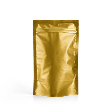 Gold Foil Plastic Pouch Coffee Bag Isolated On White Background. Packaging Template Mockup Collection. With Clipping Path Included.