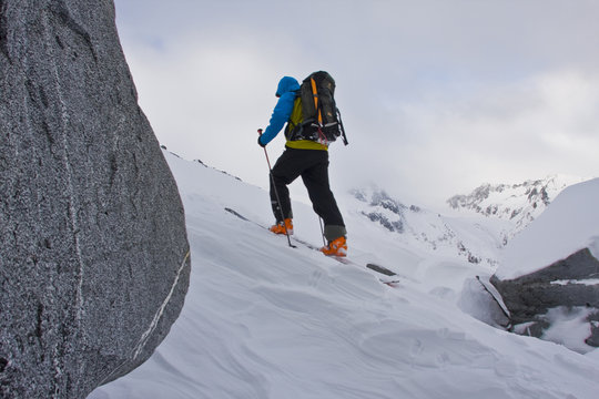 A man splitboarding in Fairy Meadows, Selkirks, BC