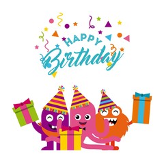 monster characters in birthday party vector illustration design