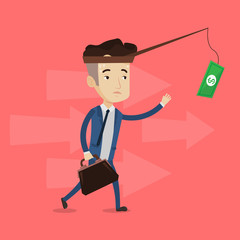 Businessman trying to catch money on fishing rod.