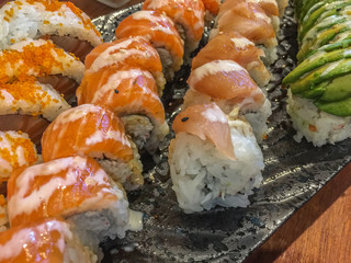 Salmon and tuna sushi rolls
