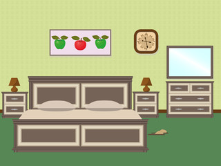Bedroom interior with a furniture including bed, bedside tables, mirror, clock, chest of drawers. Vector illustration