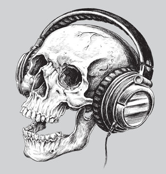 Hand drawn sketchy skull with headphones