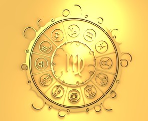 Astrological symbols in the circle. Golden emblem. Metallic material. 3d rendering. The maiden sign