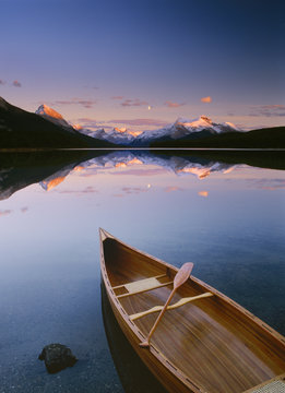 Canoe on Maligne Lake, Jasper National Park, Alberta, Canada