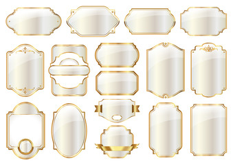 collection of blank white labels with golden frames, vintage vector design elements