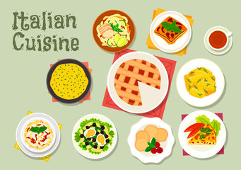 Italian cuisine pasta dishes with desserts icon