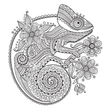 Black and white vector illustration with a chameleon in ethnic patterns. It can be used as a coloring antistress for adults and children