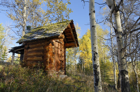 Log outhouse,  83 Mile House, Cariboo region, British Columbia, Canada