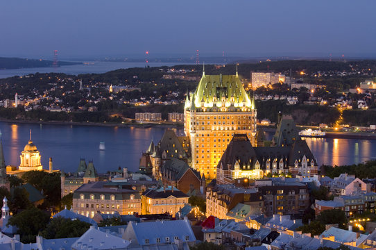 High viewpoint twilight view of Vieux-Quebec and Vieux-Port. the old sections of Quebec City, Quebec, Canada.