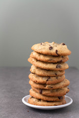 A stack of homemade chocolate chip cookies - classic American dessert 